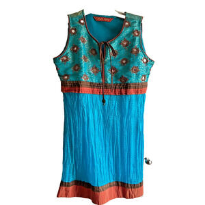 Silk Sleeveless Tunic Top Women's Retro Boho Romantic Crinkled Embroidery, Sz-M